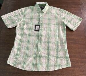 BARABAS-Men-s Size Mediun Button-Down-Short-Sleeve-Shirt Green White